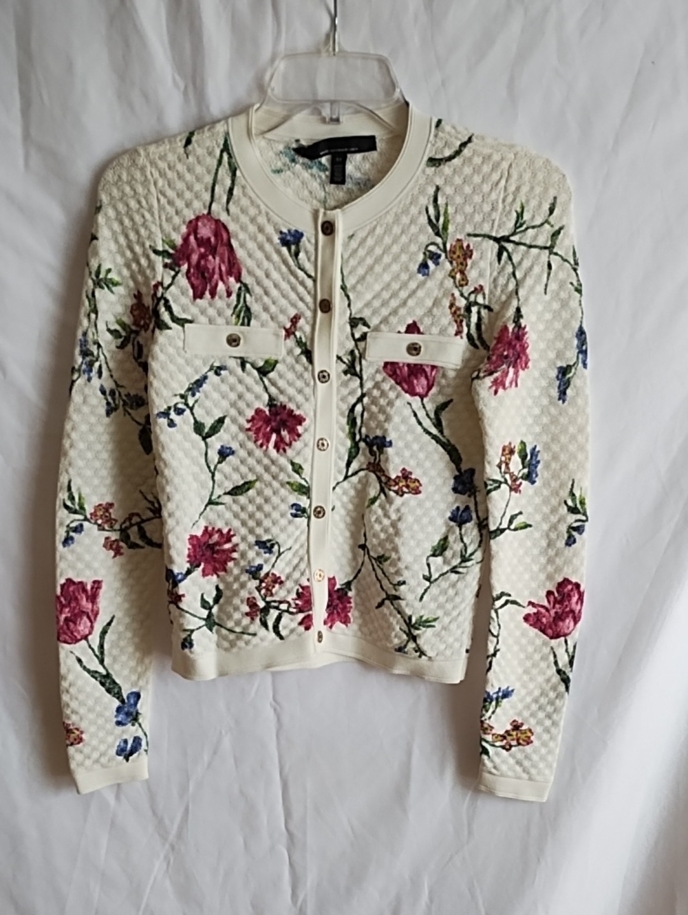 White House Black Market Ivory Quilted Floral Cardigan